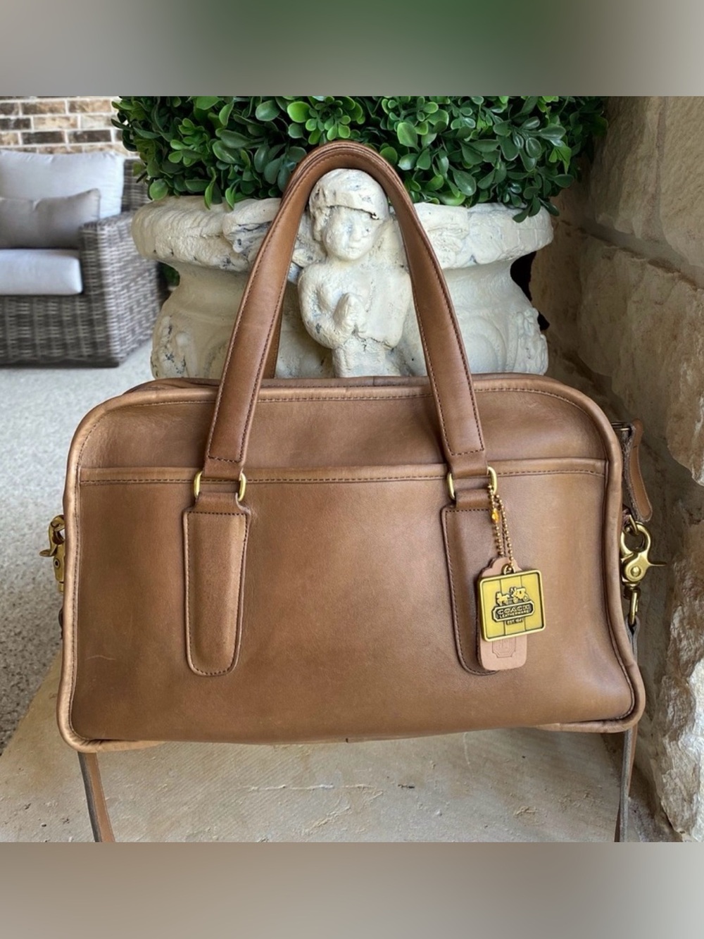 Coach Vintage NYC Flight Bag in Putty + Rare Vintage Coach Bag Charm